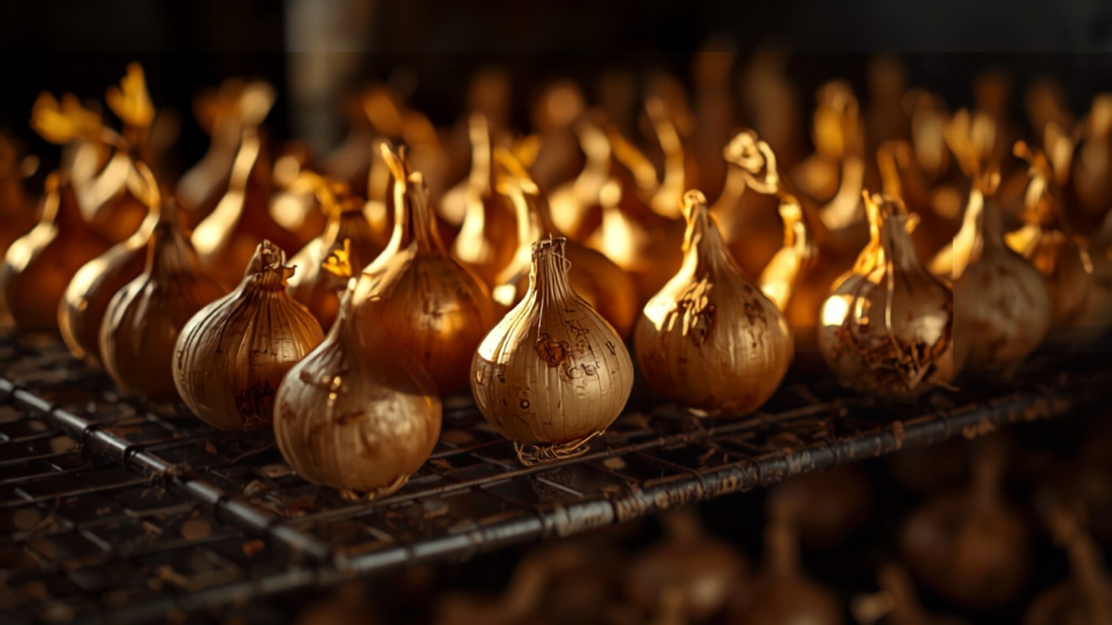 Freshly harvested onions curing in a single layer on a wire rack in warm autumn light